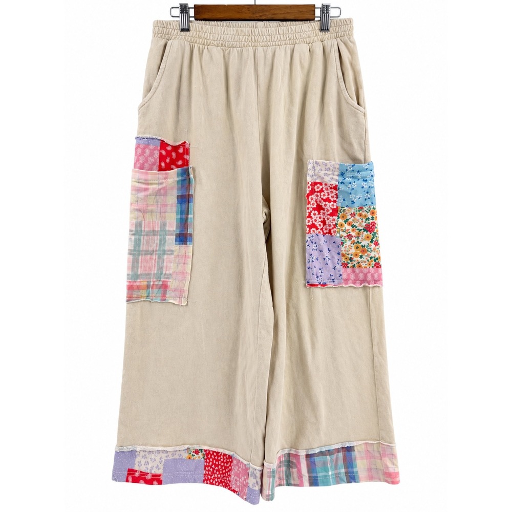 J. HER Wide Leg Patchwork Pants Kids Youth Size M Beige Boho Cottagecore Pull on